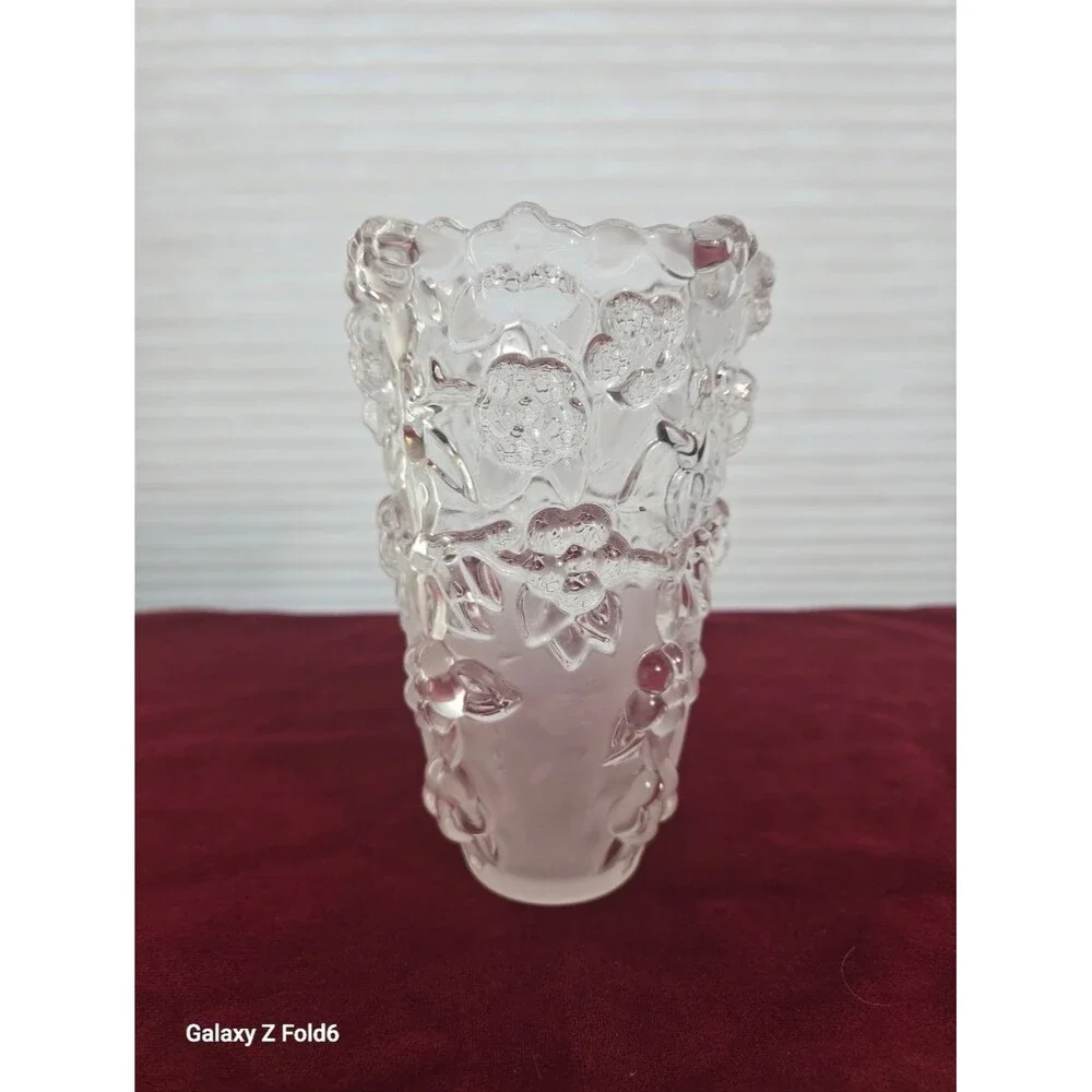 Pressed Glass Floral Vase. Frosted Satin Base. Beaded Scalloped Rim